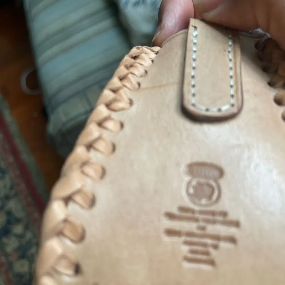 VTG Leather tan tooled small Crossbody Bag hook and loop closure.